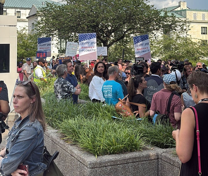 Protesters outside the State Department on July 11, 2025.