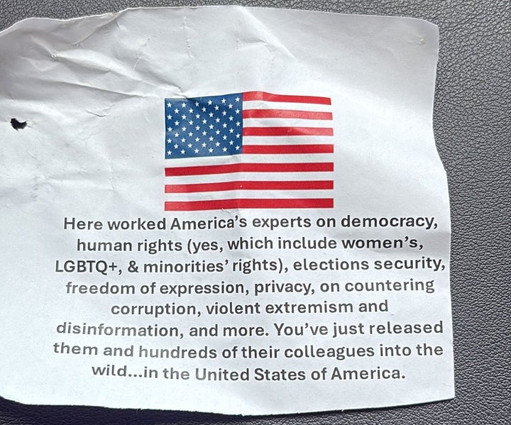 A flyer handed out outside the State Department on July 11, 2025.