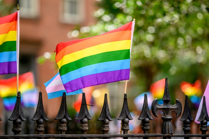 Pride flags are placed on the fence of the Stonewall Monument during the 2025 New York City Pride March on June 29, 2025 in New York City.