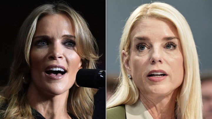 Megyn Kelly, left, blamed Attorney General Pam Bondi for "scandal" over the Trump administration's handling of the Jeffrey Epstein files.