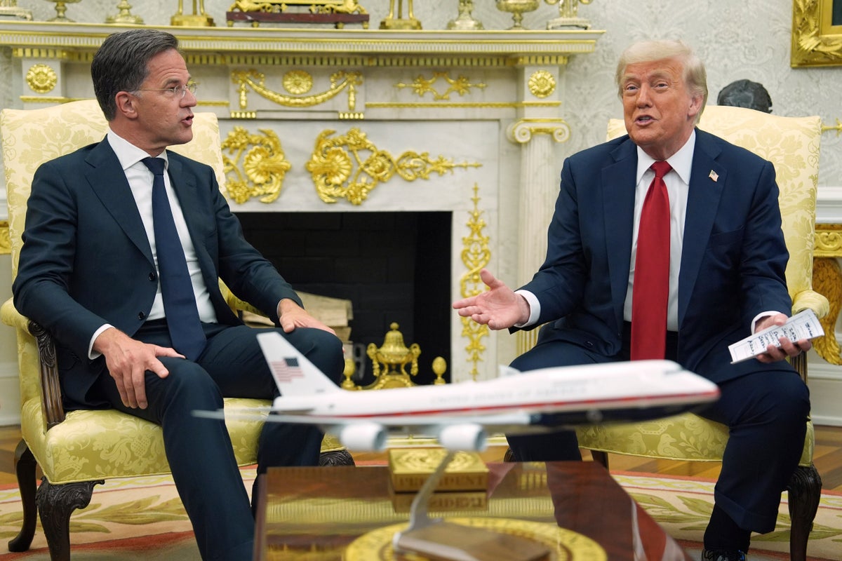 President Donald Trump speaks during a meeting with NATO Secretary General Mark Rutte in the Oval Office of the White House, Monday, July 14, 2025, in Washington. (AP Photo/Evan Vucci)
