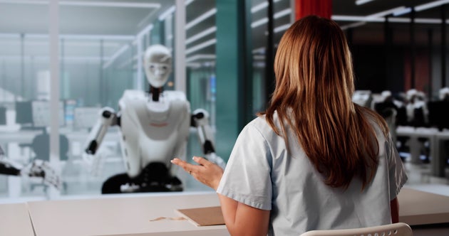 Young Woman In Medical Uniform Interviewing With AI Robot Recruiter.