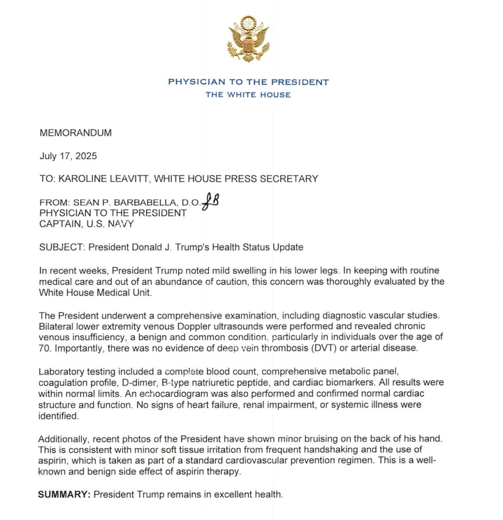 A memorandum describes the steps taken by White House physicians to diagnose Trump with “chronic venous insufficiency.”