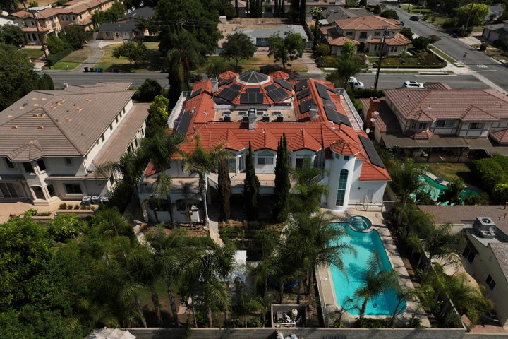An aerial view shows the home of Silvia Zhang and Guojun Xuan on July 16 in Arcadia, California, where a number of children were removed from the couple's home after a child abuse allegation in May, according to Arcadia police.