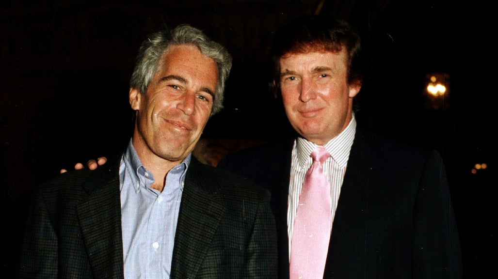 Portrait of American financier Jeffrey Epstein (left) and real estate developer Donald Trump as they pose together at the Mar-a-Lago estate, Palm Beach, Florida, 1997. (Photo by Davidoff Studios/Getty Images)