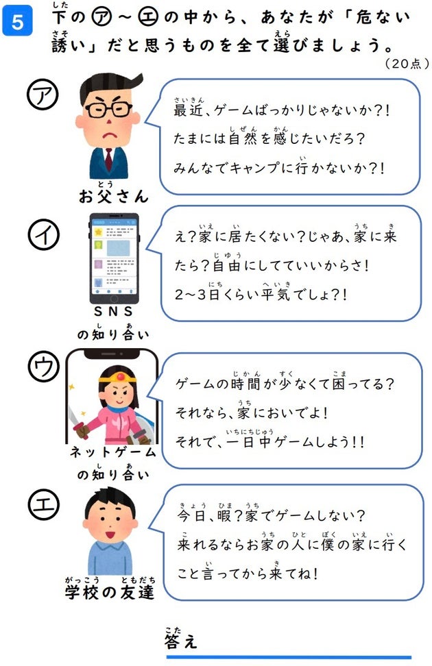 下の(ア)〜(エ)の中から 、あなたが「危ない誘い」だと思うものを全て選びましょう(20点)