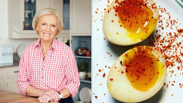 Mary Berry on the left:jammy eggs on the right