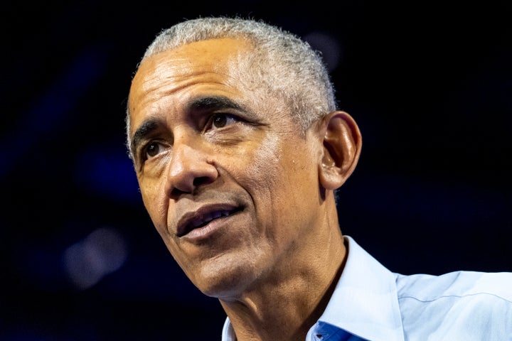 Former President Barack Obama campaigns for Vice President Kamala Harris in Milwaukee, Wisconsin, on Sunday, Nov. 3, 2024. 