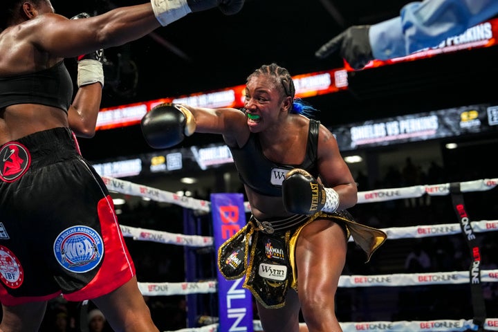 Claressa Shields throws a punch at Danielle Perkins during their bout in February 2025.