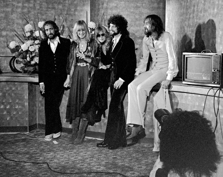 Musical group Fleetwood Mac is interviewed in the press room following the 3rd Annual Rock Awards, held at The Palladium in Hollywood in 1977.