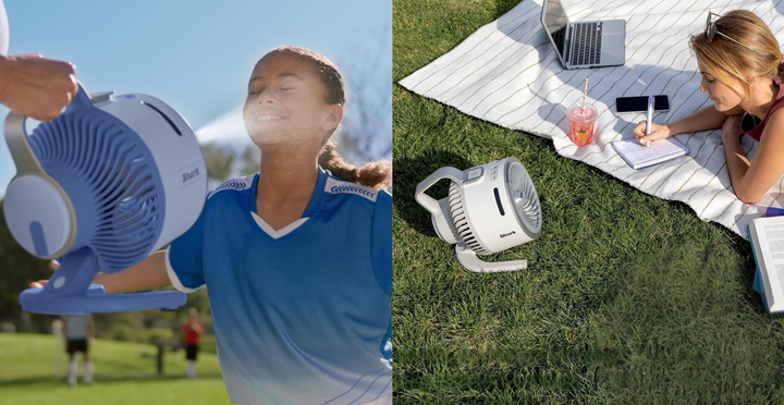 Use the compact fan as a mister or set it down and enjoy the cooling breeze. 