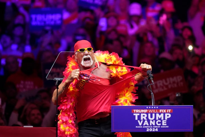 Hulk Hogan speaks before then-Republican presidential nominee Donald Trump at a campaign rally at Madison Square Garden on Oct. 27, 2024, in New York. 