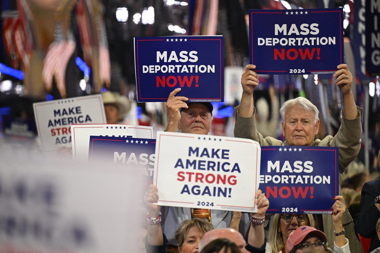 I Watched 20 Arrests In Trump’s America. Right here’s What They Seemed Like. 1 Attendees hold signs reading "mass deportation now!" during the third day of the 2024 Republican National Convention at the Fiserv Forum in Milwaukee, Wisconsin, on July 17, 2024.