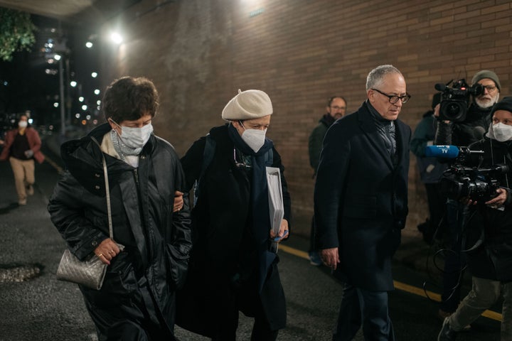 Ghislaine Maxwell's siblings Christine Maxwell, Isabel Maxwell and Kevin Maxwell leave federal court after she was found guilty in New York on Dec. 29, 2021.