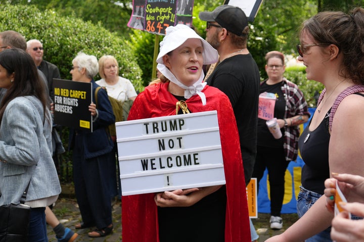 Protesters Take To The Streets In Scotland Over Trump’s Golf Course Go to 1 Demonstrators gather outside the U.S. Consulate to voice opposition to U.S. President Donald Trump ahead of his visit to Edinburgh, Scotland on July 26, 2025. Photo by Yunus Dalgic/Anadolu via Getty Images)