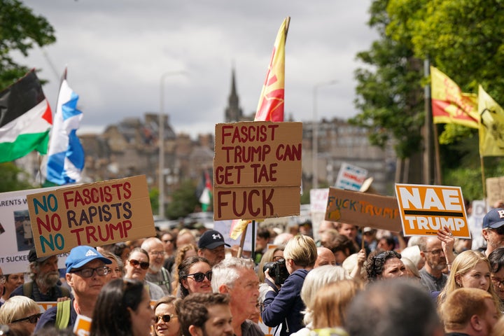 Protesters Take To The Streets In Scotland Over Trump’s Golf Course Go to 2 Hundreds of protestors gather outside the office of the Consulate General of the United States against a visit to Scotland by the President of the United States, Donald Trump on July 26, 2025 in Edinburgh, Scotland. (Photo by Ian Forsyth/Getty Images)