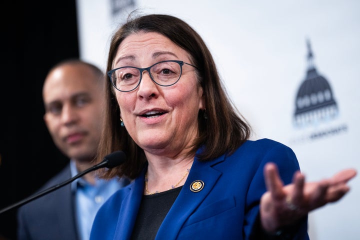 Trump's Recognition Is Tumbling - However Dems Are Nonetheless Fearful About Two Huge Issues 1 Rep. Suzan DelBene, D-Wash., chair of the Democratic Congressional Campaign Committee, speaks during a news conference with caucus leadership during the House Democrats 2025 Issues Conference at the Lansdowne Resort in Leesburg, Va., on Wednesday, March 12, 2025. House Minority Leader Hakeem Jeffries, D-N.Y., also appears.