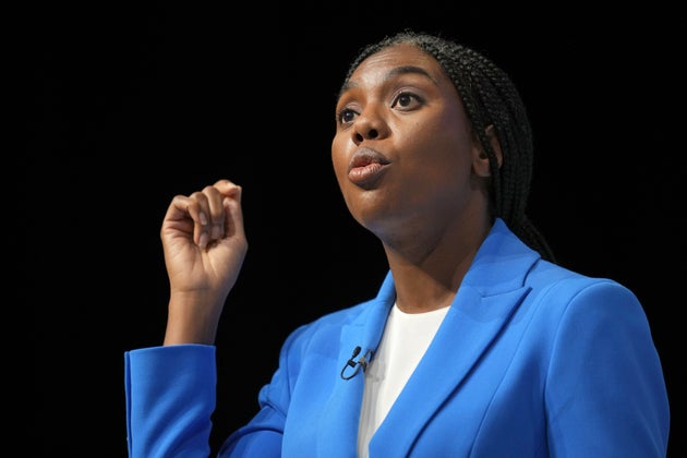 Conservative leadership candidate Kemi Badenoch addresses members during the Conservative Party Conference at the International Convention Centre in Birmingham, England, Wednesday, Oct. 2, 2024.
