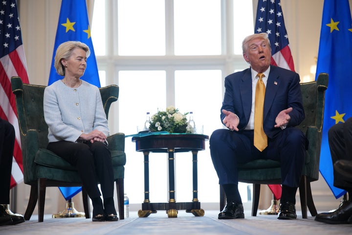 President of the European Commission Ursula von der Leyen meets Sunday with U.S. President Donald Trump at Trump Turnberry Golf Club in Turnberry, Scotland.