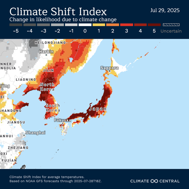 Climate CentralによるClimate Shift Index。日本列島が真っ赤に表示されている様子が見受けられる。「＋5」の濃い赤が最高レベル。