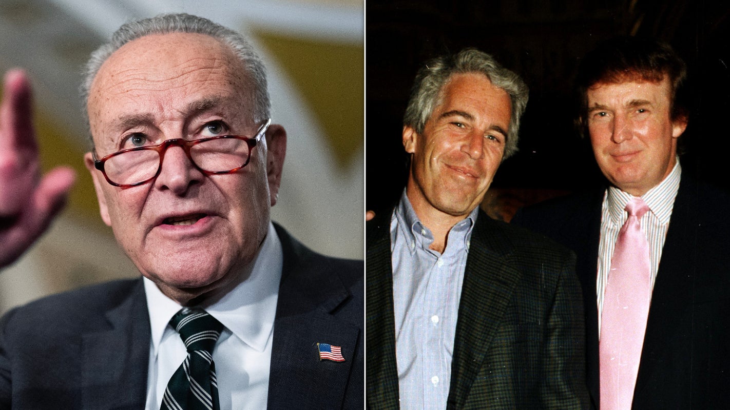 Photo of Chuck Schumer on the left / Photo of Jeffrey Epstein and Donald Trump on the right