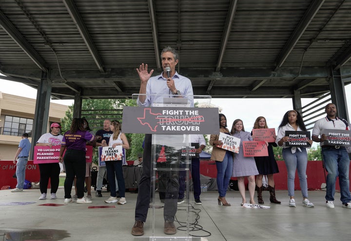 Democrat Beto O'Rourke speaks alongside elected officials gathered for a rally ahead of a public hearing on the proposed congressional redistricting on July 26 in Houston.