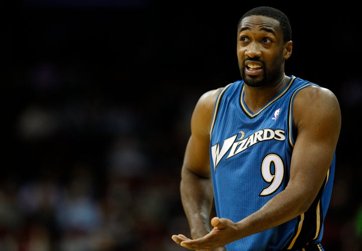 Then-Washington Wizards point guard Gilbert Arenas plays in 2010 at the Prudential Center in Newark, New Jersey.