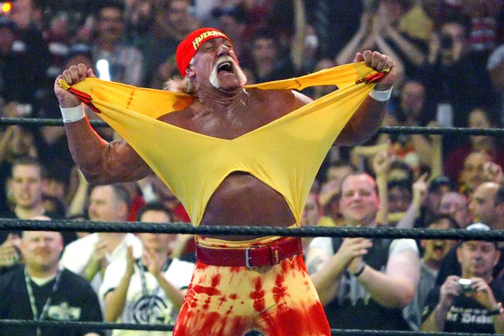 Hulk Hogan, seen in 2005, fires up the crowd between matches during WrestleMania 21 in Los Angeles.