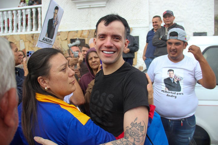 Venezuelan stylist Andry Hernández greets family members after returning home in the town of Capacity, State of Tachira, Venezuela on July 23, 2025.