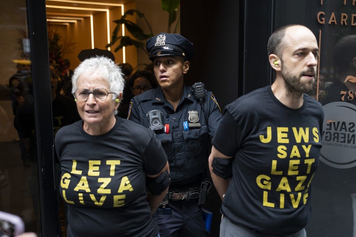 NYPD officers arrest activists following a civil disobedience protest at U.S. Senator Chuck Schumer's office building in Manhattan, New York on Aug. 1, 2025. The protest called for a ceasefire and an end to the U.S.-supported Israeli attacks on Gaza.