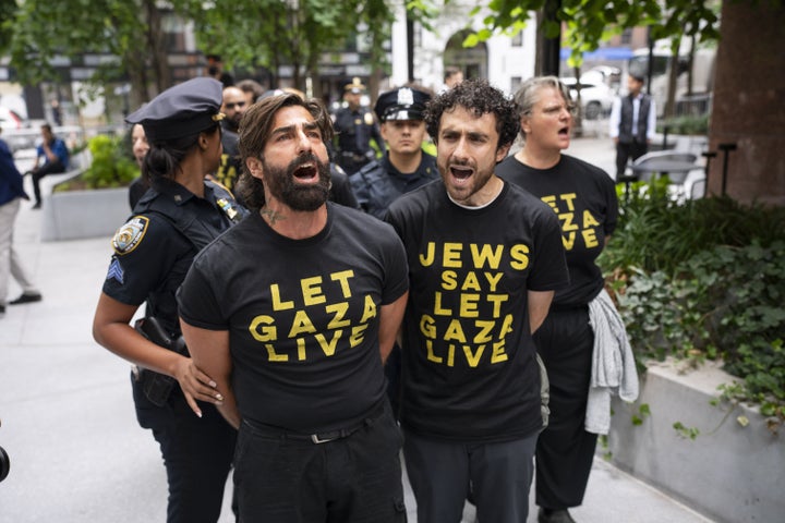 NYPD officers arrest activists following a civil disobedience protest at U.S. Senator Chuck Schumer's office building in Manhattan, New York on Aug. 1, 2025. The protest called for a ceasefire and an end to the U.S.-supported Israeli attacks on Gaza.
