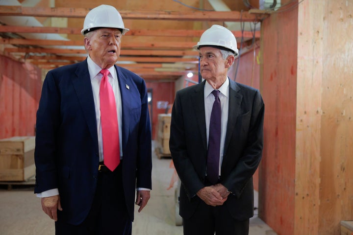 President Donald Trump delivers remarks alongside Federal Reserve Chair Jerome Powell as they tour the Federal Reserve’s $2.5 billion headquarters renovation project on July 24, 2025 in Washington, DC. (Photo by Chip Somodevilla/Getty Images)