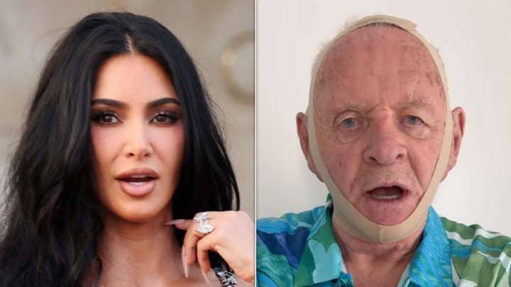 Reality star Kim Kardashian, left, responded to actor Anthony Hopkins wearing her Skims face wrap.