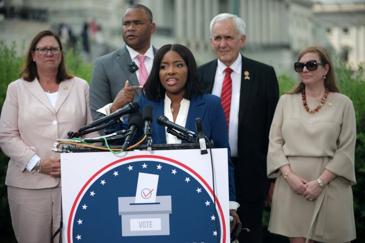 U.S. Rep. Jasmine Crockett (D-TX) speaks during a news conference outside the U.S. Capitol on July 23, 2025 in Washington, DC.