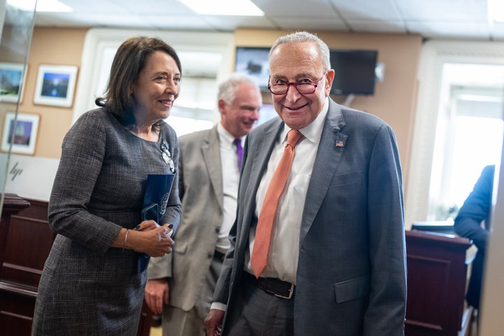 Senate Minority Leader Charles Schumer (D-N.Y.), Sen. Maria Cantwell (D-Wash.) and Sen. Tim Kaine (D-Va.) arrive for a news conference in the U.S. Capitol.
