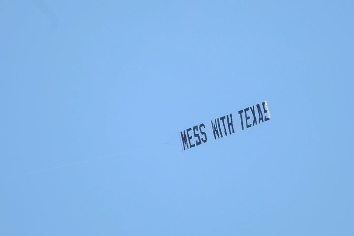 A closer shot of the "Mess with Texas" banner that was flown Monday around Annapolis.