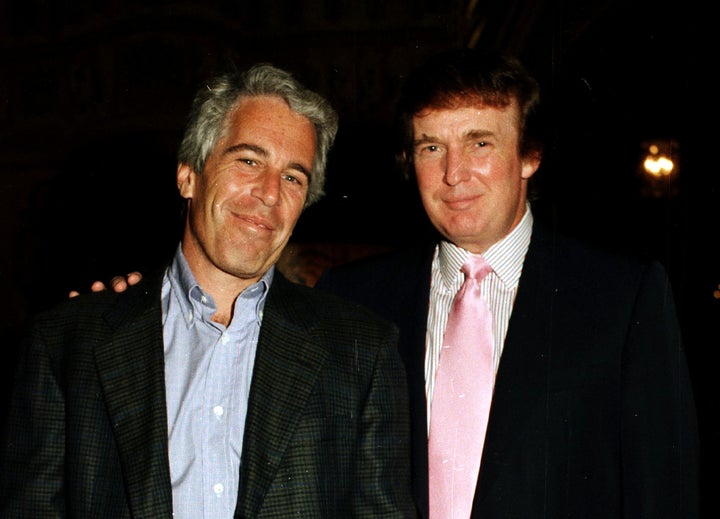 Portrait of financier Jeffrey Epstein (left) and real estate developer Donald Trump posing together at the Mar-a-Lago estate, Palm Beach, Florida, 1997. 