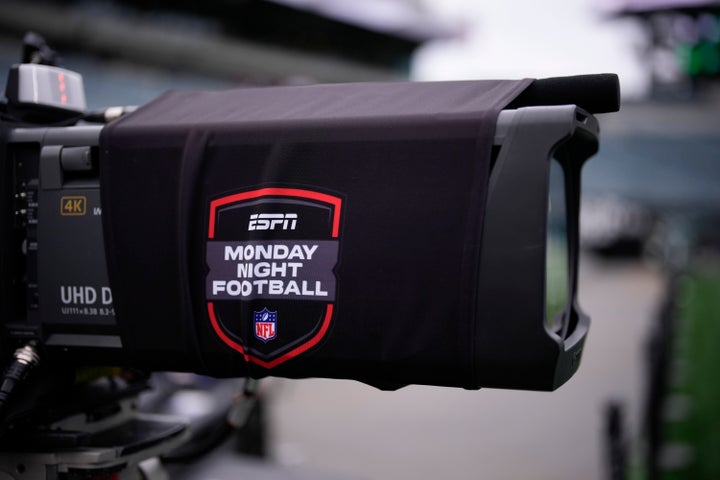An ESPN camera is prepared for Monday Night Football before an NFL football game between the Philadelphia Eagles and the Atlanta Falcons on Monday, Sept. 16, 2024, in Philadelphia. (AP Photo/Matt Slocum)