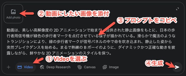 Geminiでの動画の作り方：テキストボックスにプロンプトを入力する手順