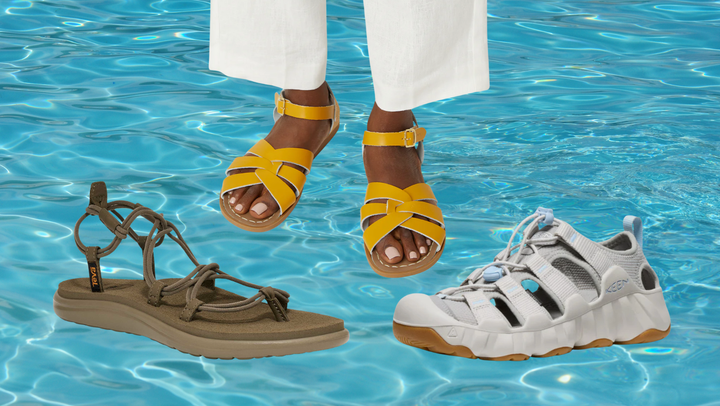 A pair of Teva Voya sandals, Salt Water Sandals and Keen Hyperport H2 shoes.