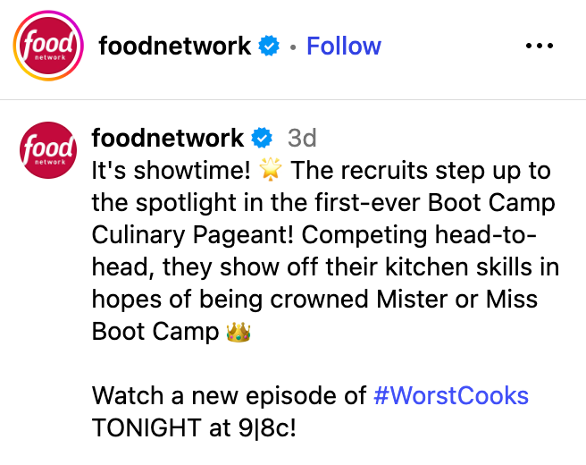 A screenshot of the subtitle of the recent publication of the food network on 