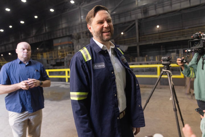 Vance speaks to the press on July 28, 2025 in Canton, Ohio, to promote what the Trump administration says are the benefits of the "One, Big, Beautiful Bill."