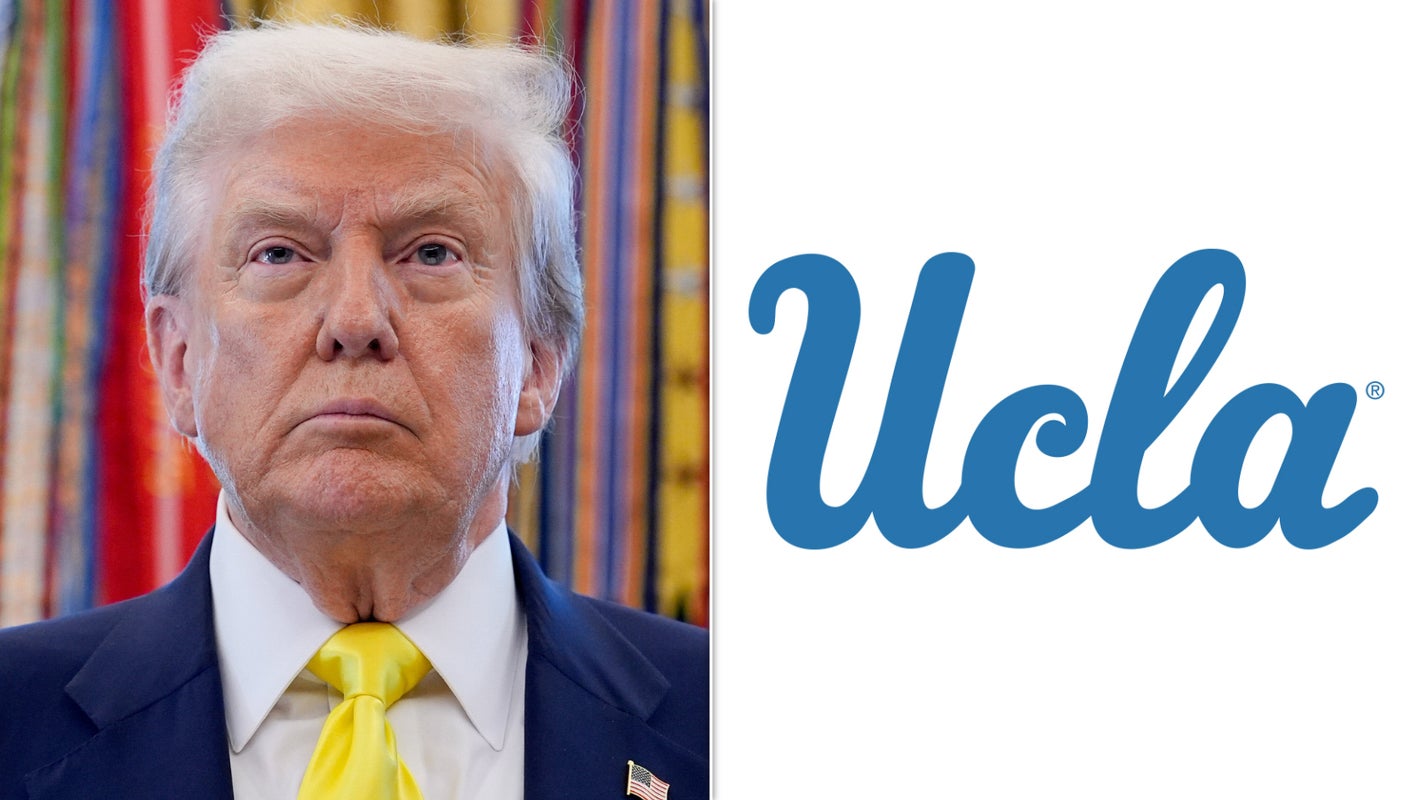 This photo illustration shows President Donald Trump (Yuri Gripas/Abaca/Bloomberg via Getty Images) and the logo for UCLA.
