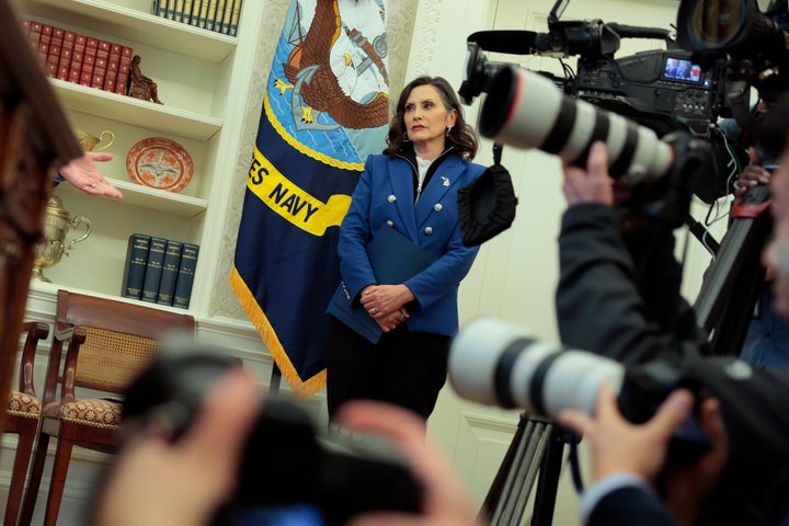 WASHINGTON, DC - APRIL 09: Michigan Gov. Gretchen Whitmer looks on as U.S. President Donald Trump signs executive orders in the Oval Office of the White House on April 09, 2025 in Washington, DC. (Photo by Anna Moneymaker/Getty Images)
