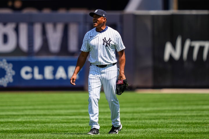 New York Yankees great Mariano Rivera plays in the first inning of the Yankees Old-Timers' Day Game. He later tore his Achilles tendon. 