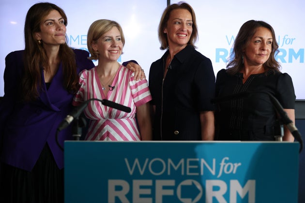 Laila Cunningham, Andrea Jenkyns, Sarah Pochin and Linden Kemkaran pose at the Reform UK press conference.