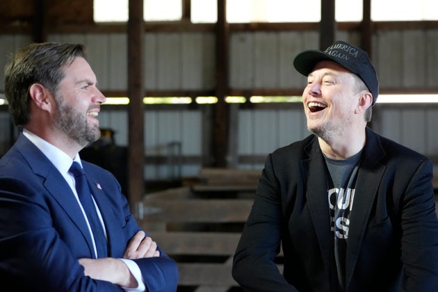 Tesla and SpaceX CEO Elon Musk, right, and Republican vice presidential nominee Sen. JD Vance, R-Ohio.