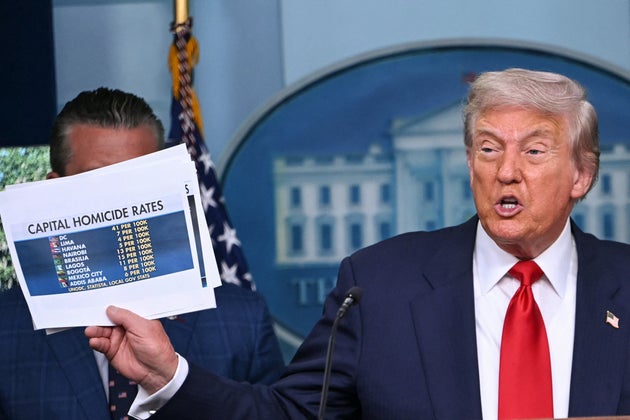 U.S. President Donald Trump holds up a chart as he speaks during a news conference to discuss crime in Washington, D.C. on Aug. 11, 2025.