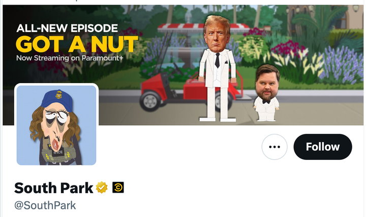 "South Park" is using this image of Homeland Security Secretary Kristi Noem’s melting face as its profile photo on X, formerly Twitter.