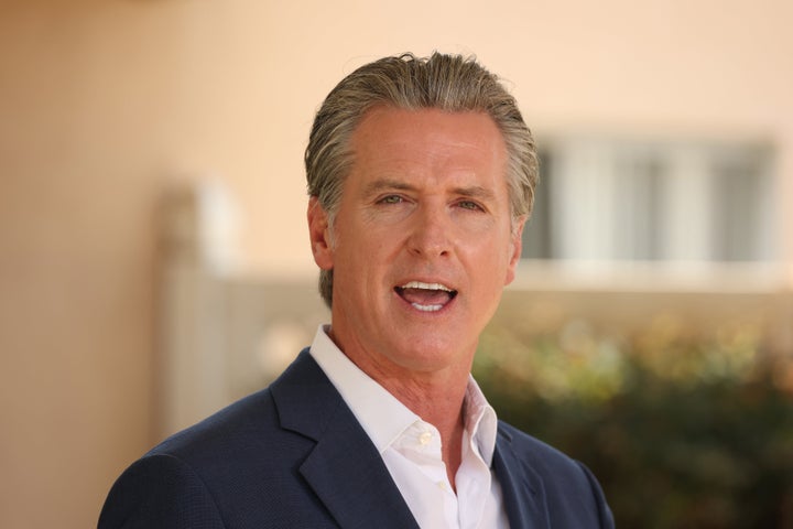 The governor of California Gavin Newsom celebrates a press conference on July 16.